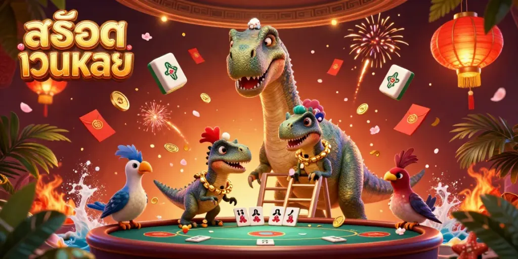 Engage with สล็อตเว็บตรง in a bustling casino scene featuring a tall dinosaur and clever raptor dealing cards.
