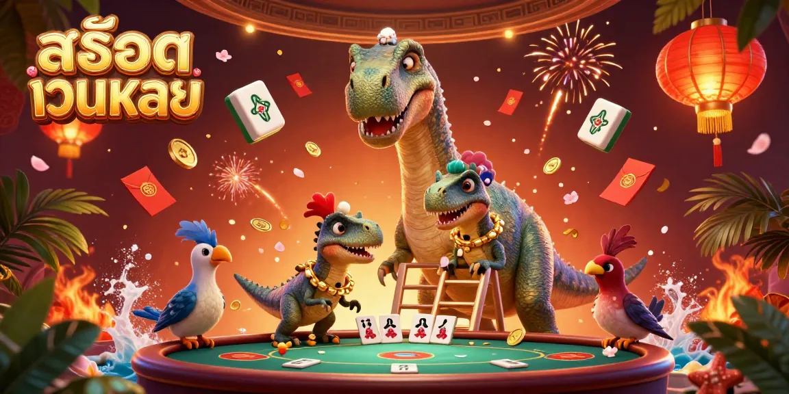 Engage with สล็อตเว็บตรง in a bustling casino scene featuring a tall dinosaur and clever raptor dealing cards.