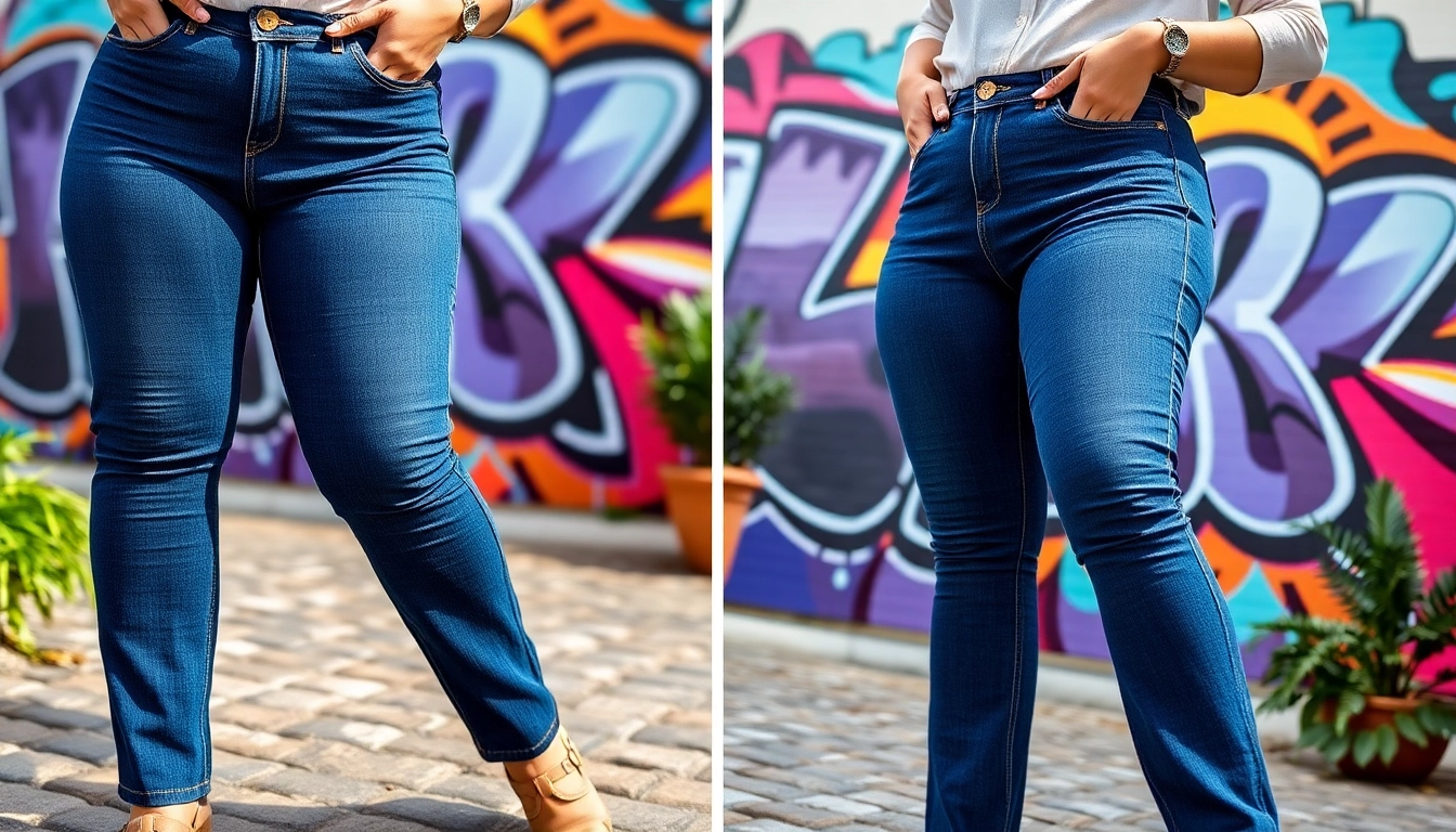 Showcase plus size high rise jeans on a confident model against a vibrant urban backdrop.