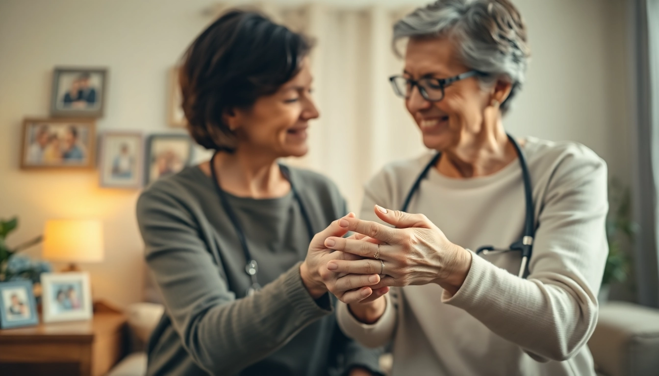 Providing care at home through compassionate caregiver assistance in a warm setting.