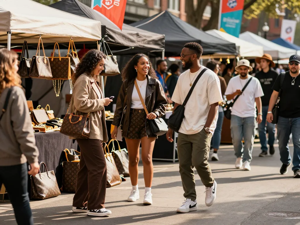 Stylish individuals exploring 레플리카 fashion at vibrant street market.