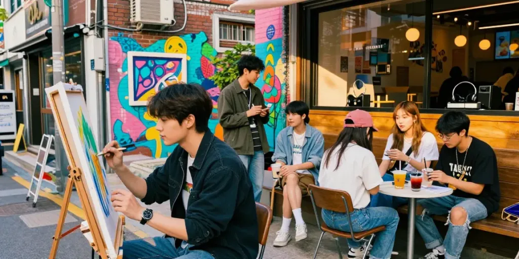 홍대오피와 관련된 젊은 고객들이 예술 활동을 즐기는 순간을 담은 이미지입니다.