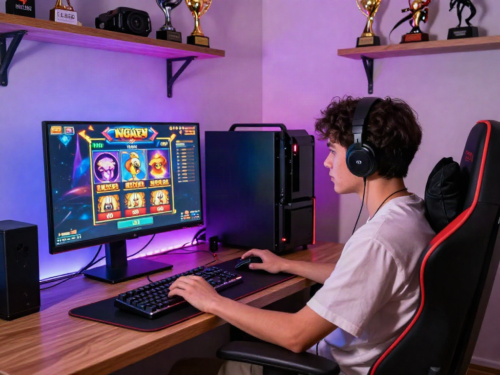 Player enjoying a thrilling slot game on a high-resolution monitor, surrounded by themed decor and gaming peripherals.