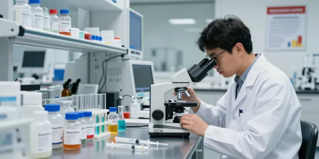 Researcher examining SwissChems peptides in high-tech lab.