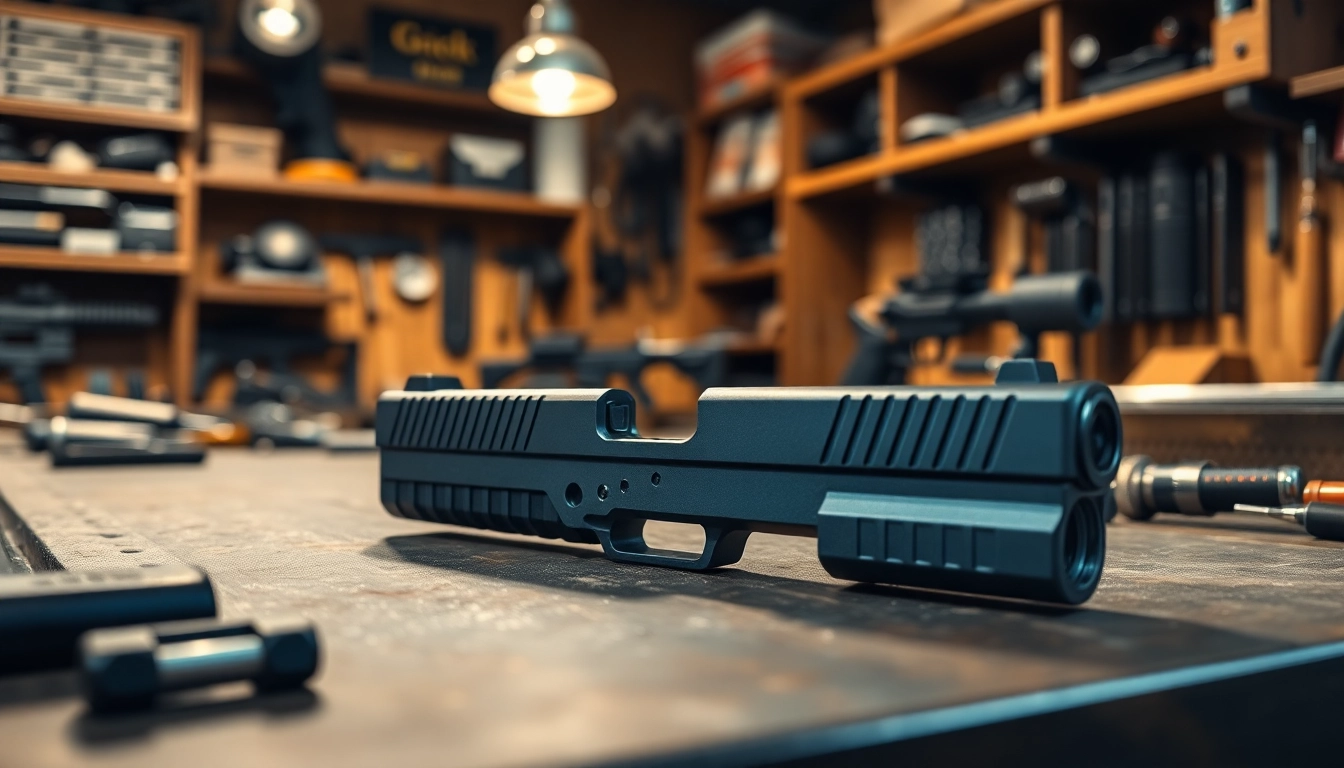 Showcasing a glock 19 gen 5 mos slide with detailed craftsmanship in a gunsmith workshop.