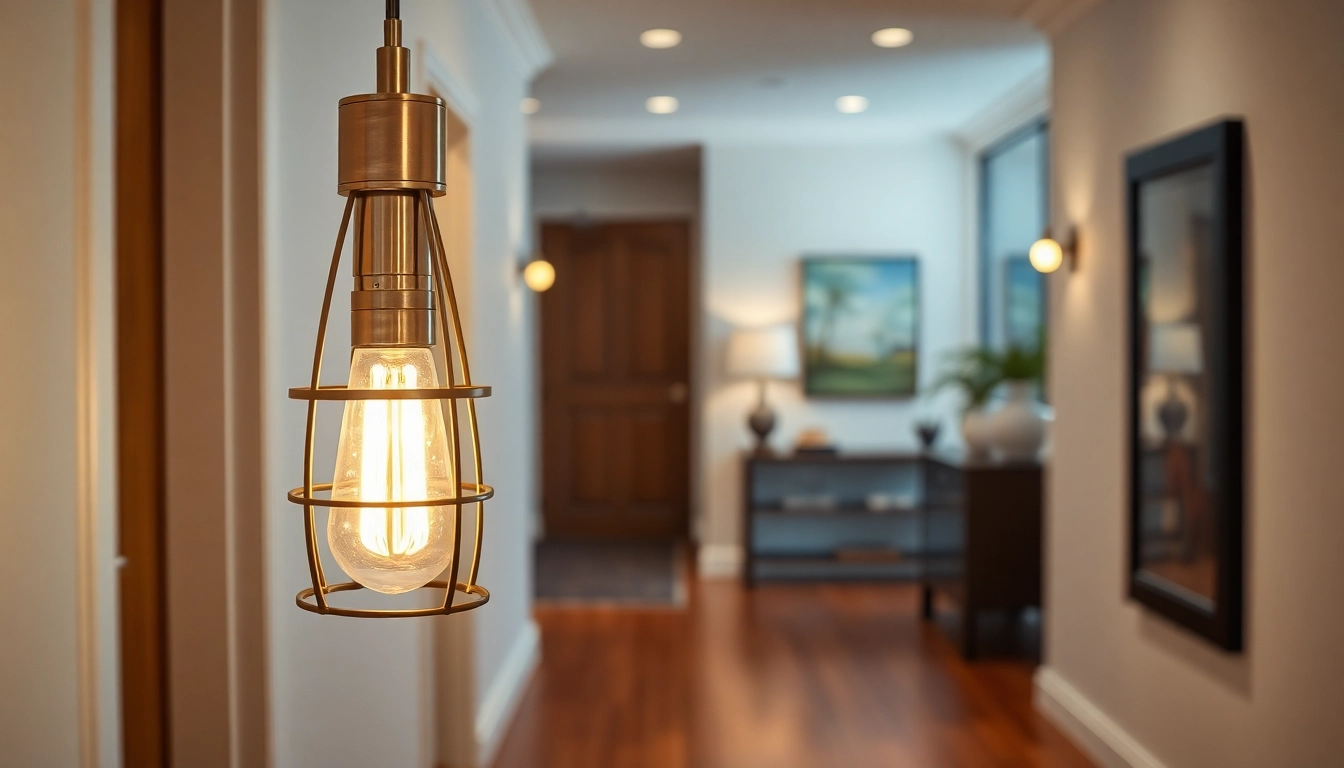 Illuminated light fixtures for hallway create a warm ambiance in a stylish hallway setting.