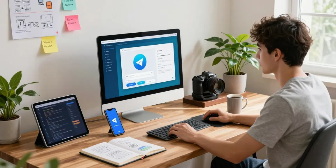 A software developer working on Telegram中文版 in a cozy office setting, showcasing tech gadgets and design sketches.