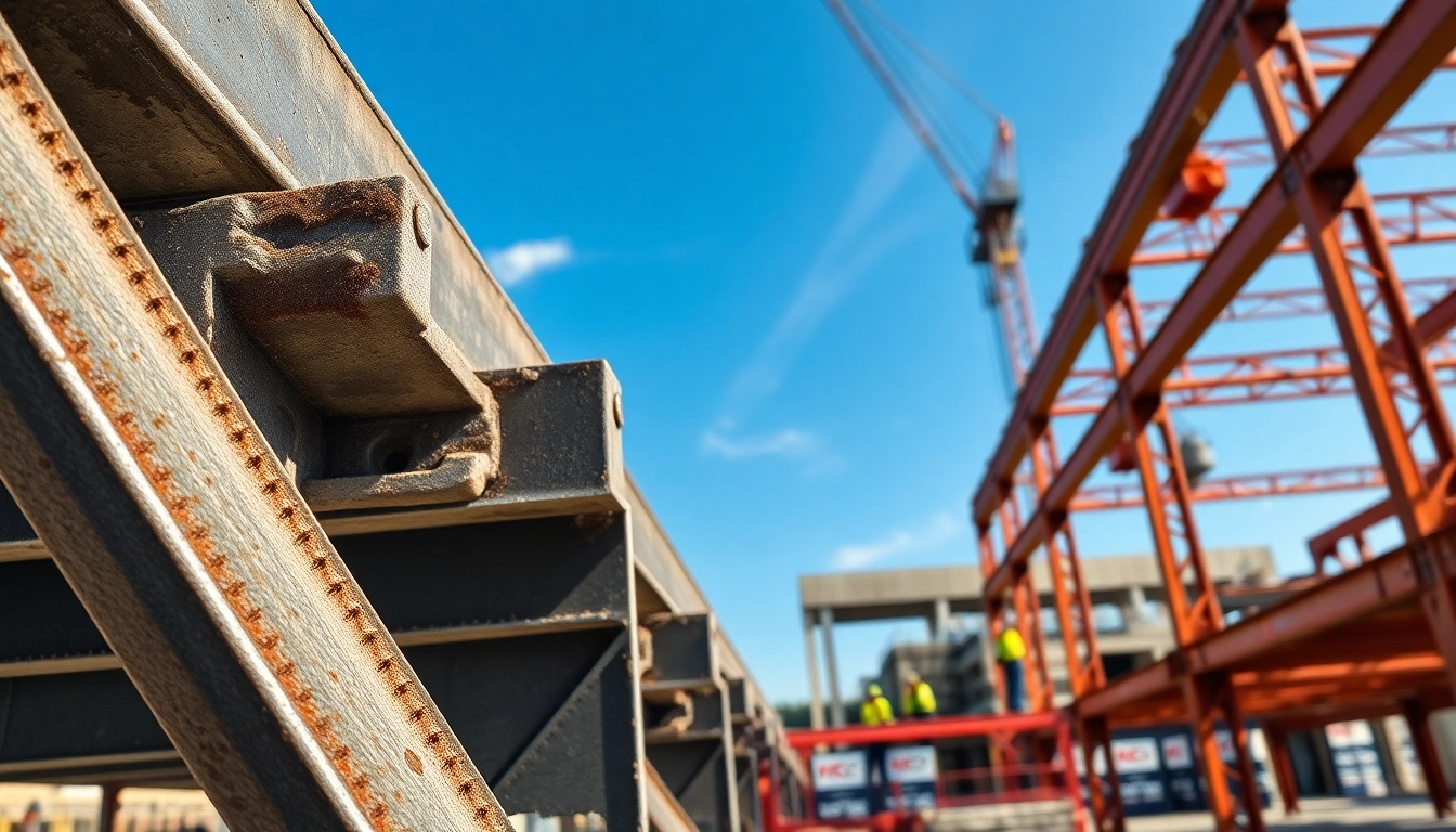 Demonstrating structural steel construction with engineers collaborating on a framework at a construction site.