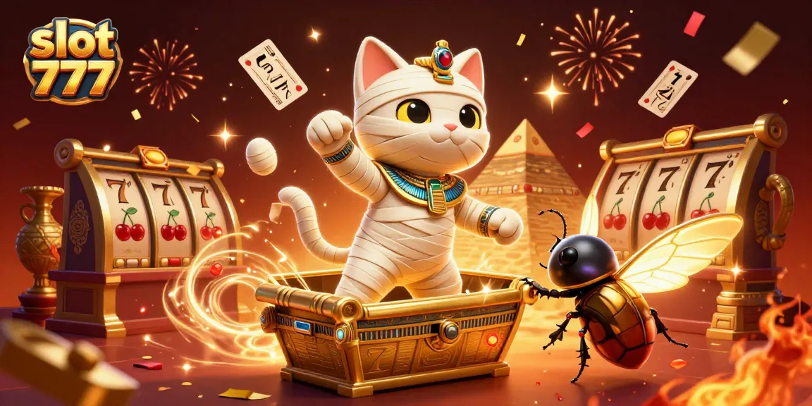 Menangkan pengalaman slot 777 dengan ilustrasi kucing mumi di kasino piramida yang megah.