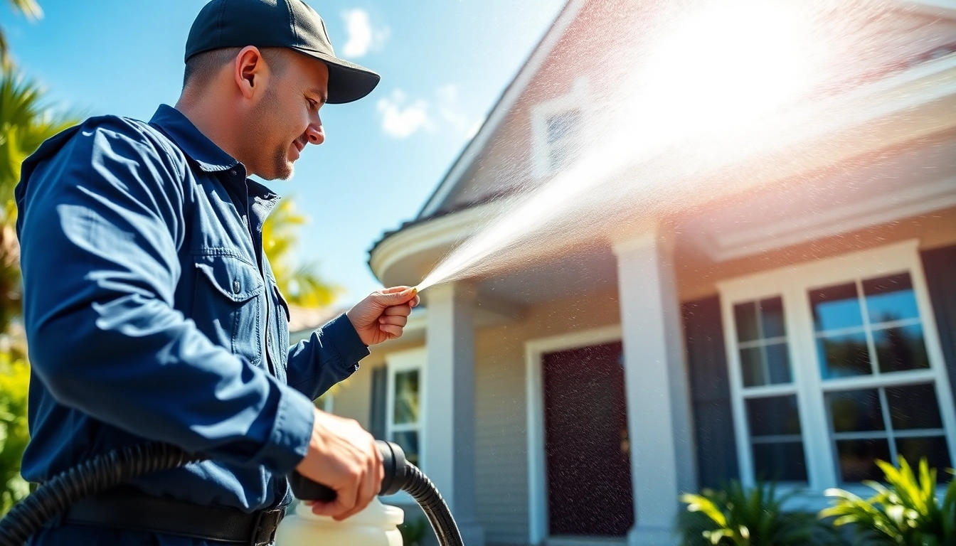 Soft wash exterior cleaning in Kissimmee, Florida, showcasing a technician revitalizing a home's curb appeal.