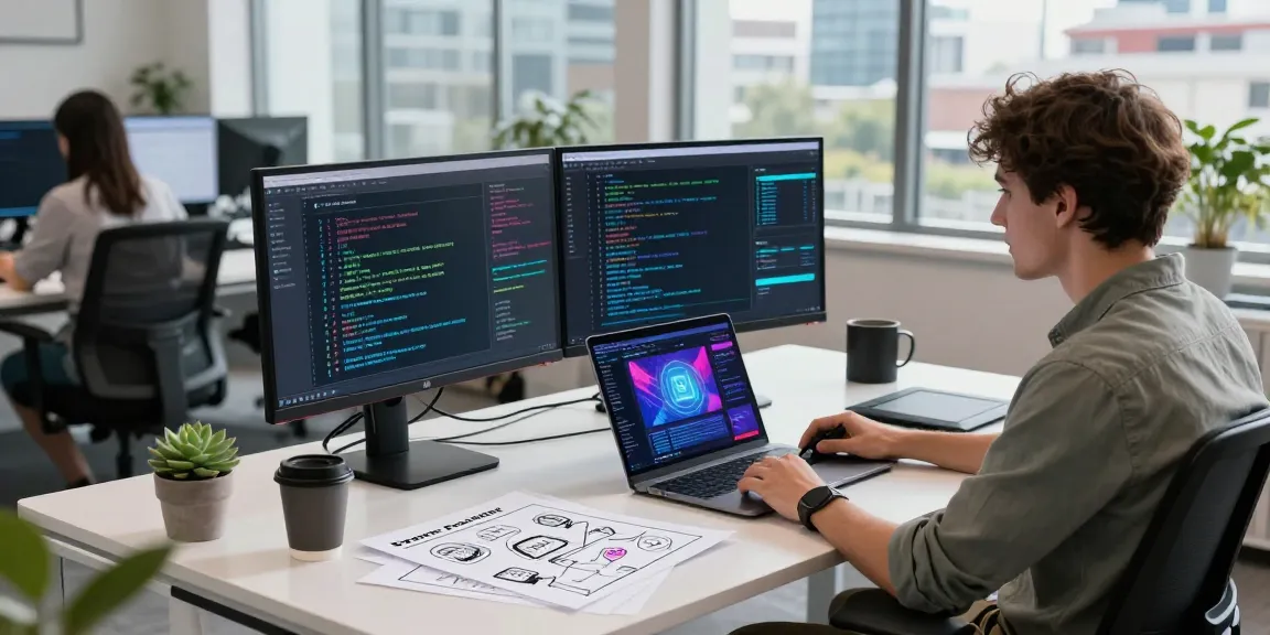 AI developer using an image to prompt tool in a modern office, showcasing creative technology.