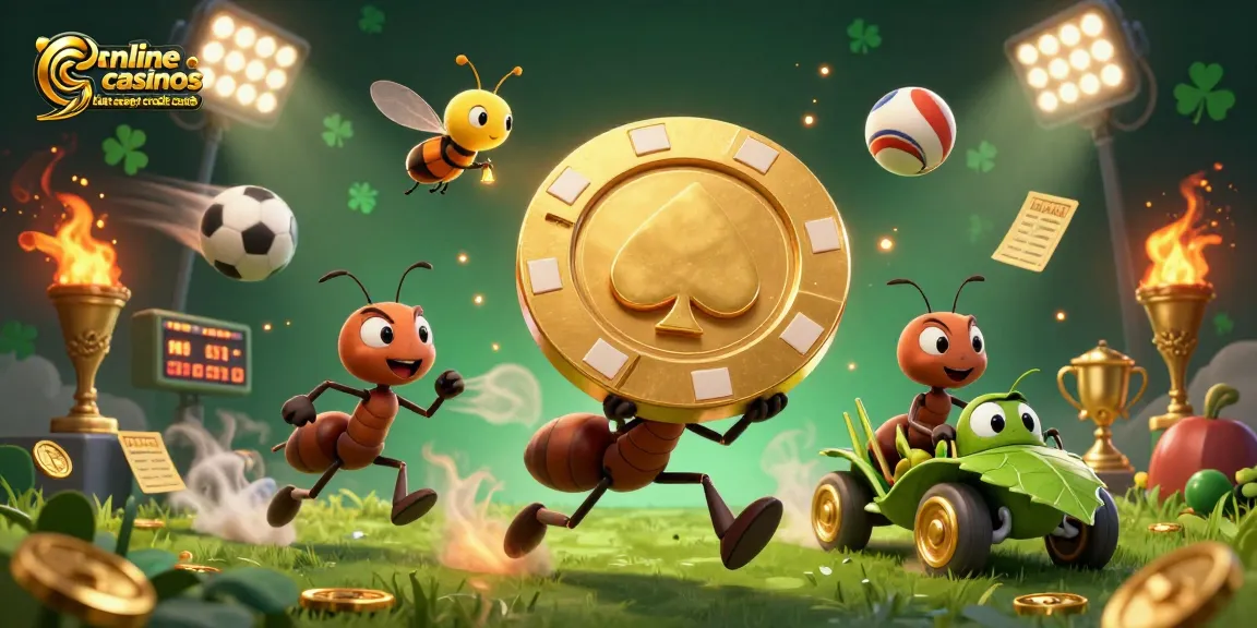 Engaging scene showcasing a team of ants carrying a giant poker chip at online casinos that accept credit cards, surrounded by vibrant casino elements.