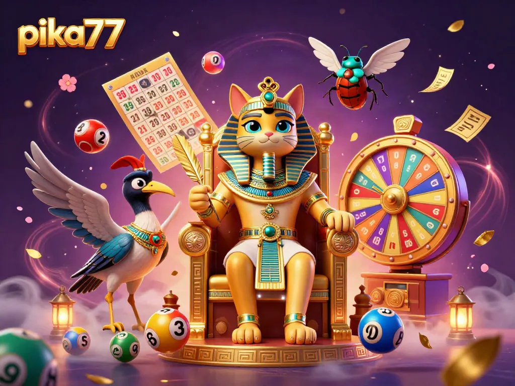Enjoy dynamic gameplay with pika77 as an Egyptian-themed illustration showcasing vibrant lottery elements.