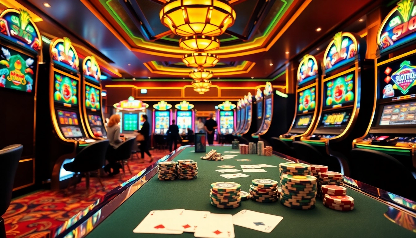 Gamblers enjoying an exciting gameplay session at Slot777 with vibrant slot machines and poker chips.