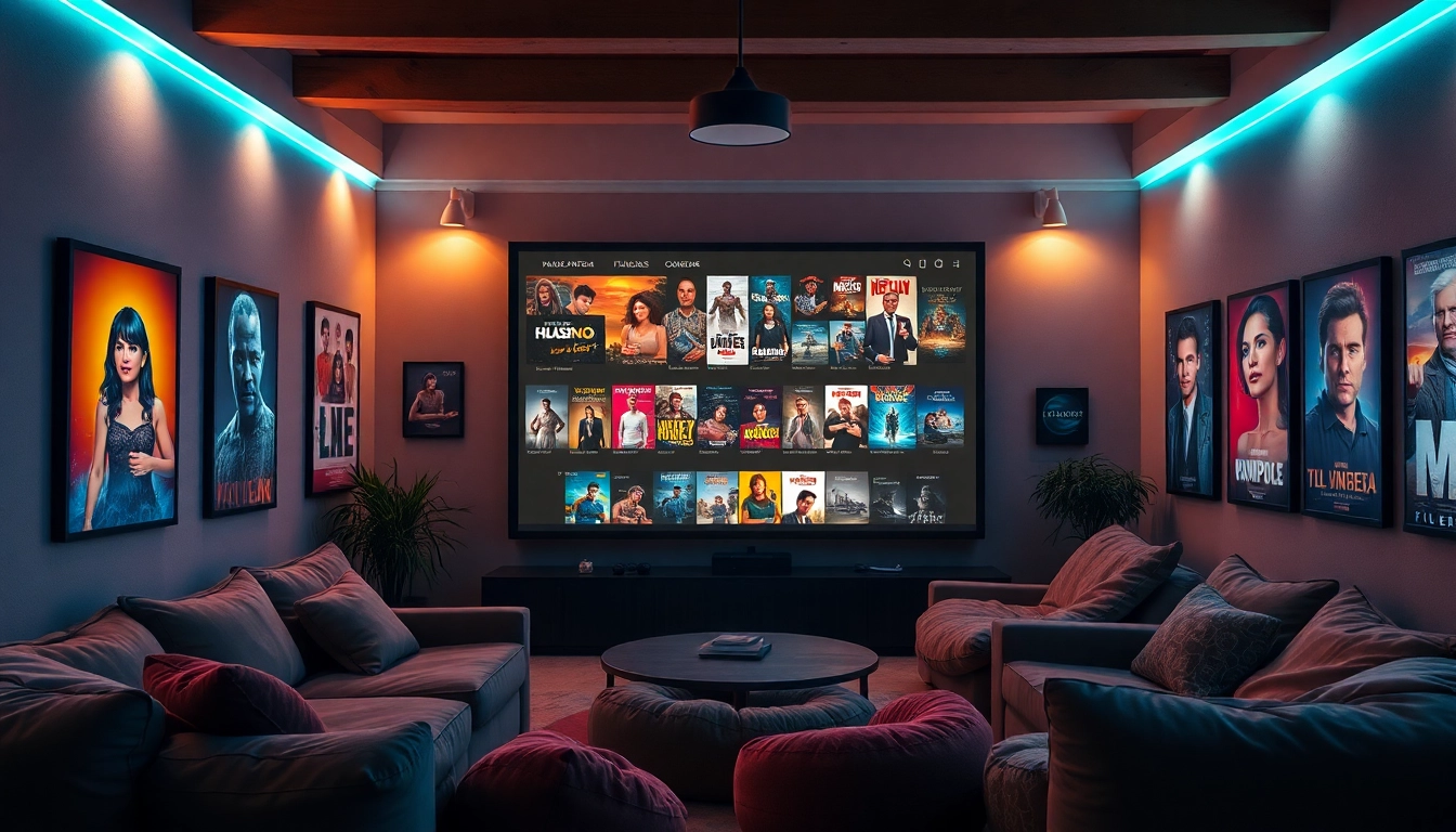 Vibrant cozy movie scene showcasing filme noi on a large screen with inviting décor.