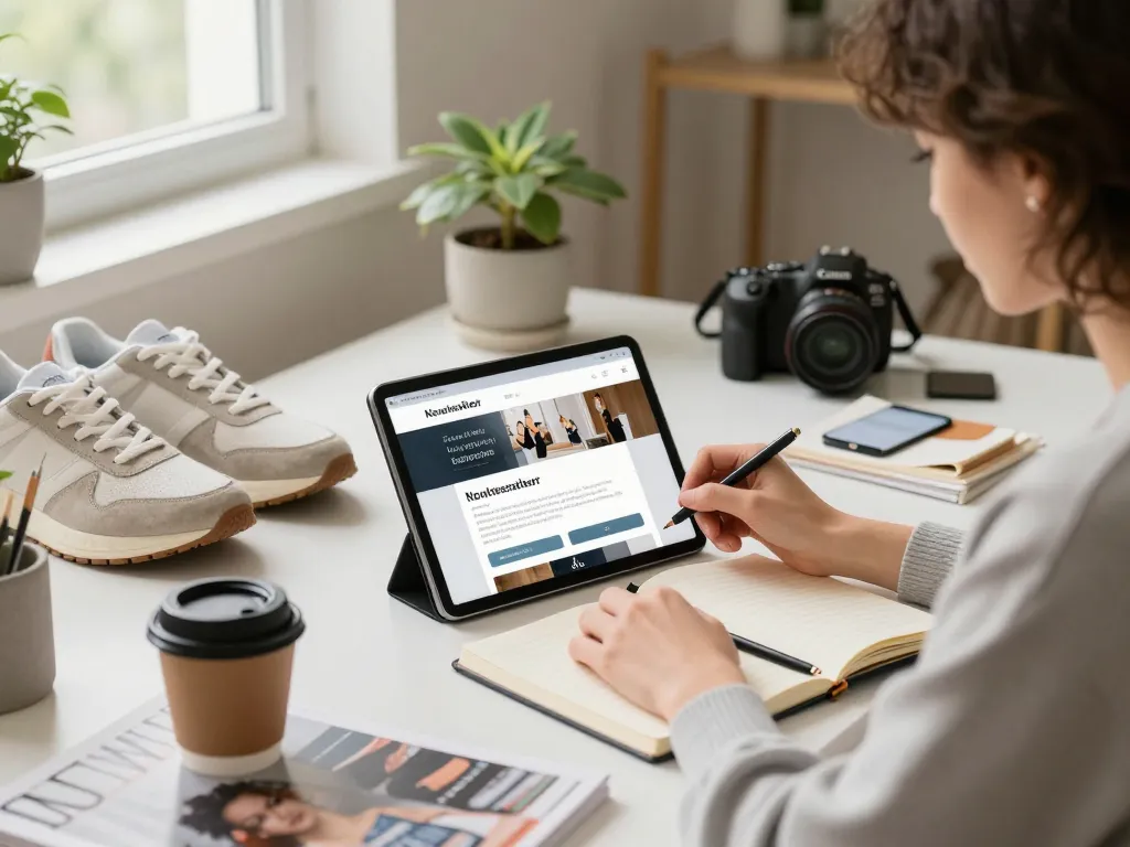 Engaging with https://hubet88.icu/ newsletter on a stylish desk filled with trendy products.