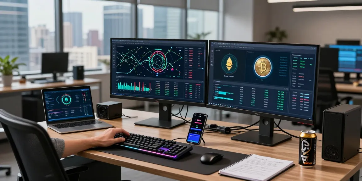 Crypto mining platform workspace featuring dual monitors and digital wallet analytics