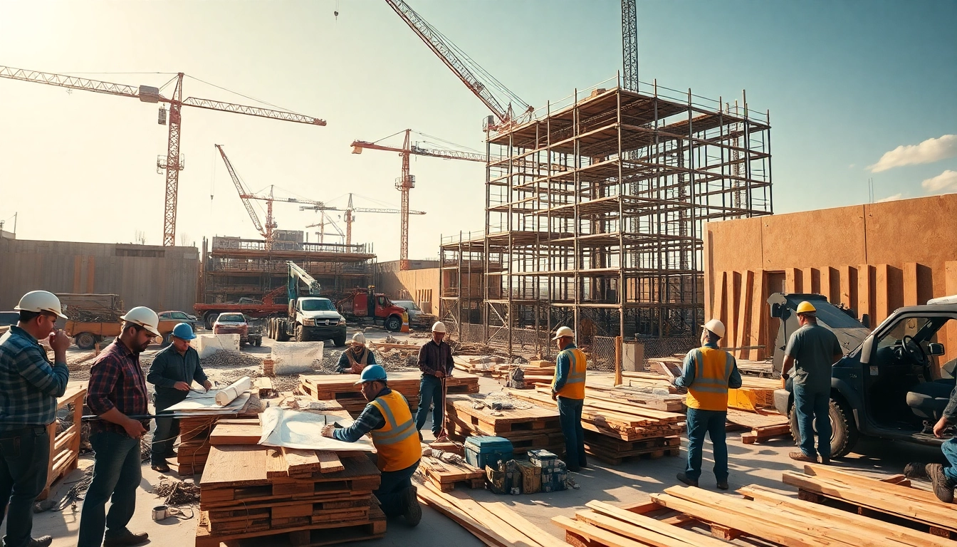 Austin construction workers collaborating on a bustling construction site with cranes and blueprints.