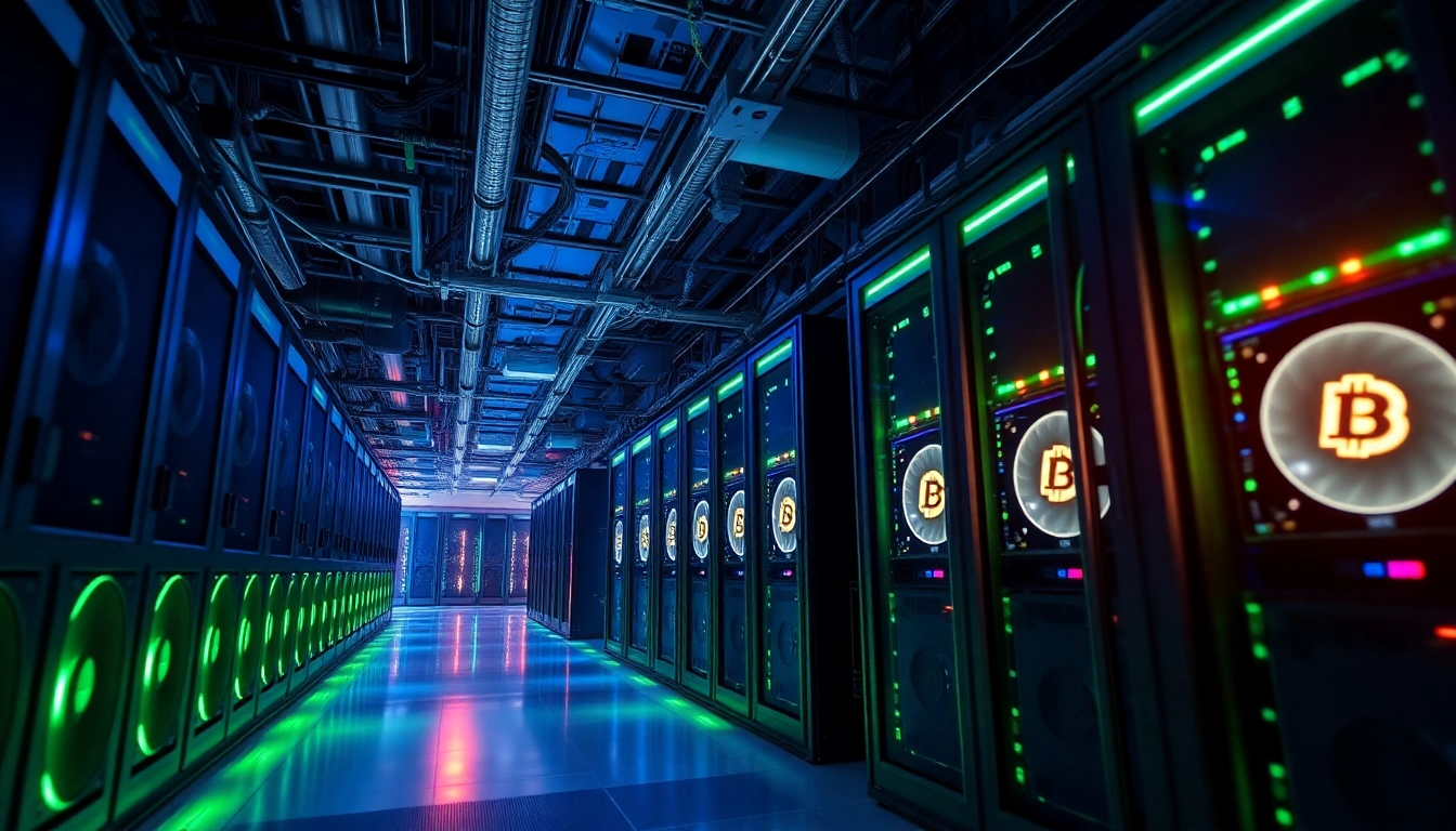 Dynamic cryptocurrency mining facility showcasing advanced ASIC miners in action, embodying bitcoin mining innovation.