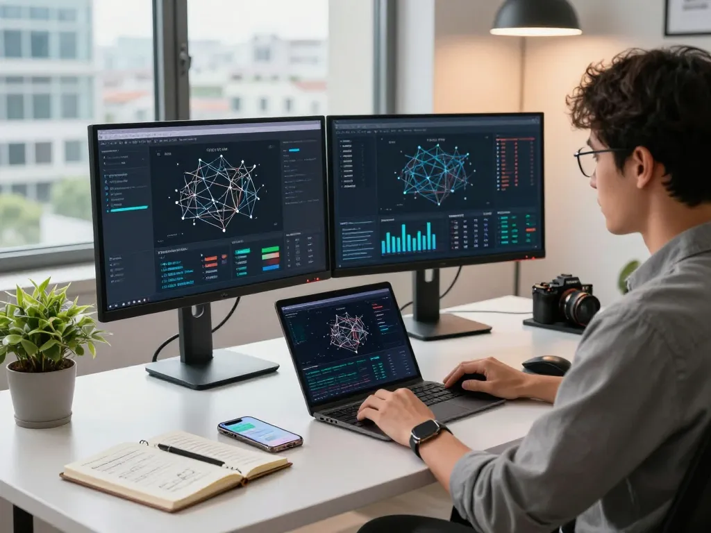 快连 network optimization workspace with dual monitors, capturing high-speed connection and productivity.