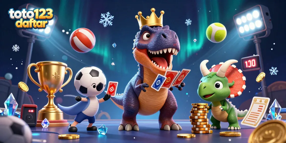 Toto123 daftar showcases a T-Rex and friends engaged in thrilling casino activities amidst vibrant game elements.