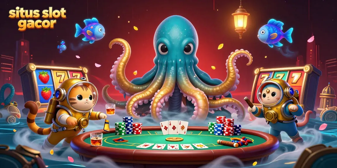 Engage with situs slot gacor through an exciting underwater casino scene featuring a kraken and vintage diving cat.