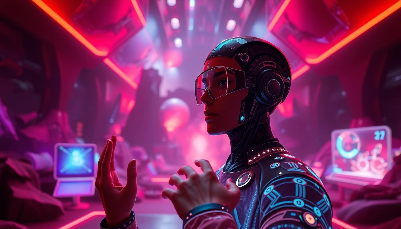 An engaging NSFW AI platform showcasing a user interacting with a holographic character in a vibrant digital landscape.
