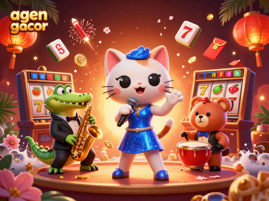 Engage with the vibrant agen gacor scene featuring a jazzy cat, croc, and bear in an animated casino.