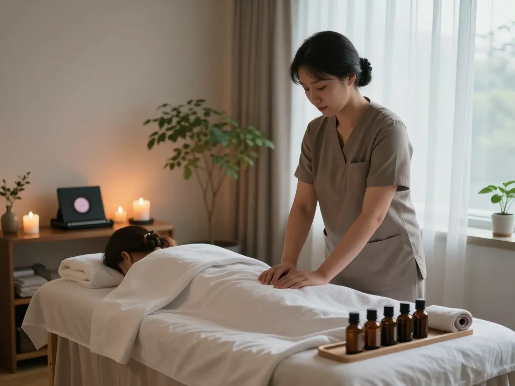 인계동마사지 session setup in a serene therapy room with ambient lighting.