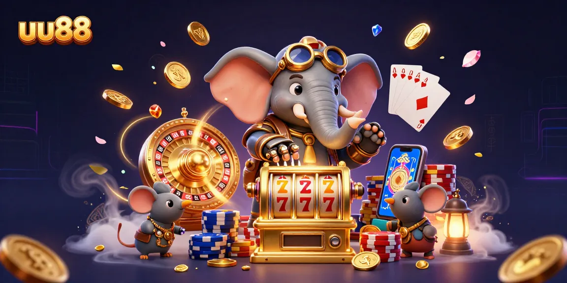 Play a winning hand at uu88 with our interactive steampunk casino scene featuring a golden slot machine.