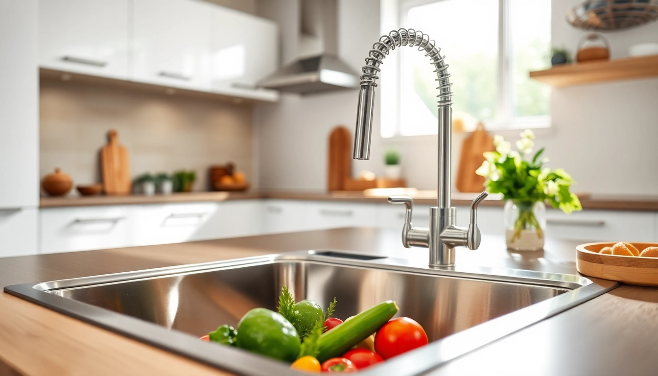 Explore a stylish stainless steel kitchen sink near me with fresh produce highlighting its modern design.