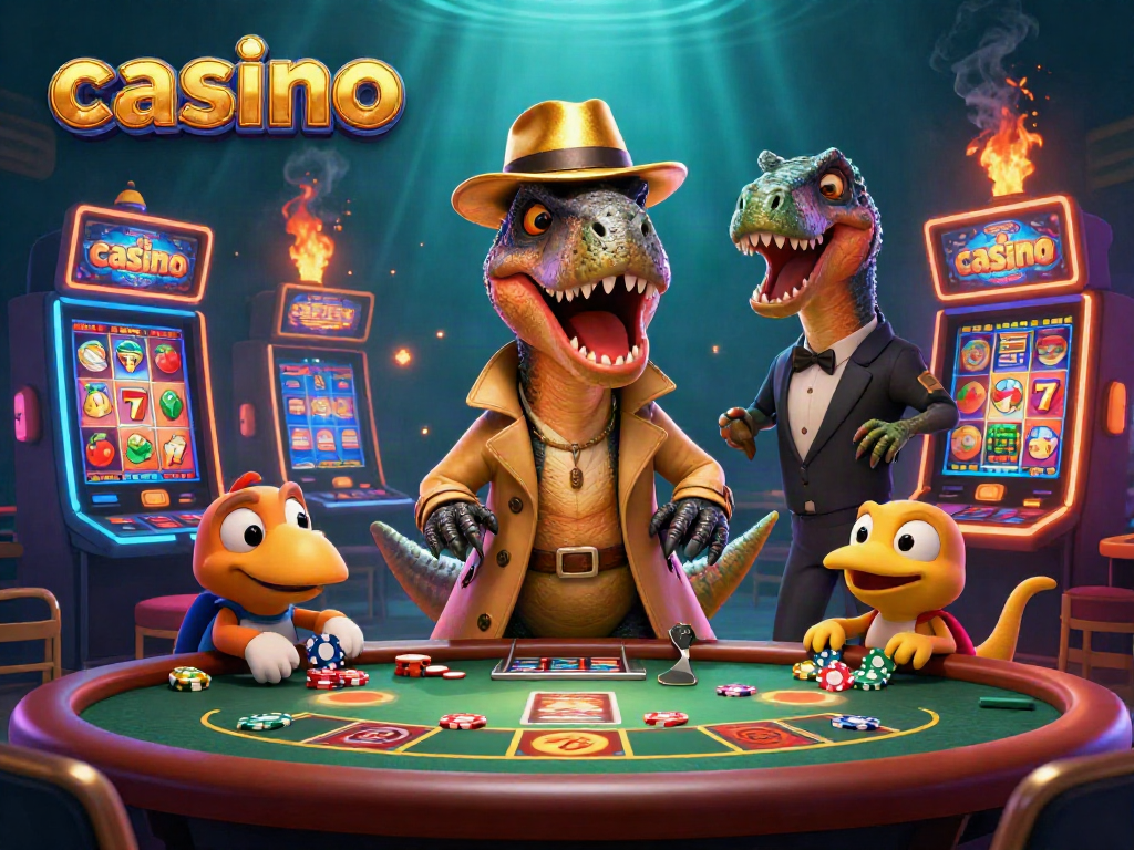 Velociraptor card counter blends into a casino scene, navigating blackjack and slots.