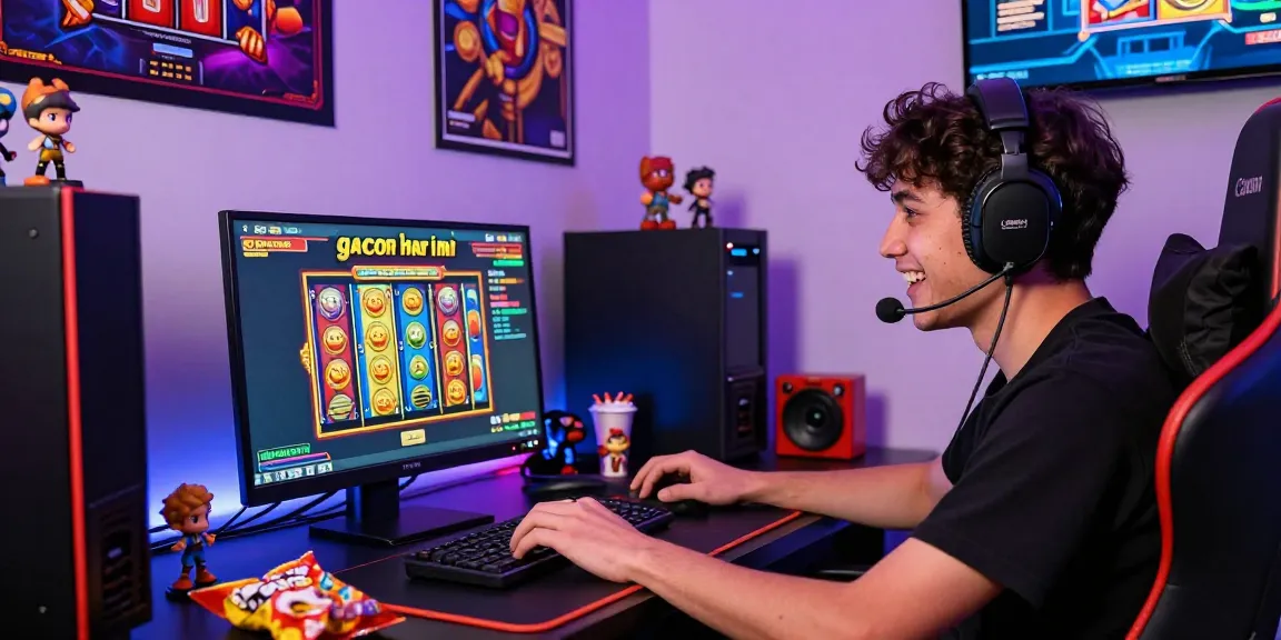 Player enjoying slot gacor hari ini with colorful reels and gaming setup