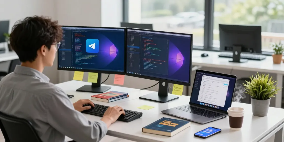 Developer coding Telegram中文版 interface on dual monitors in a modern workspace
