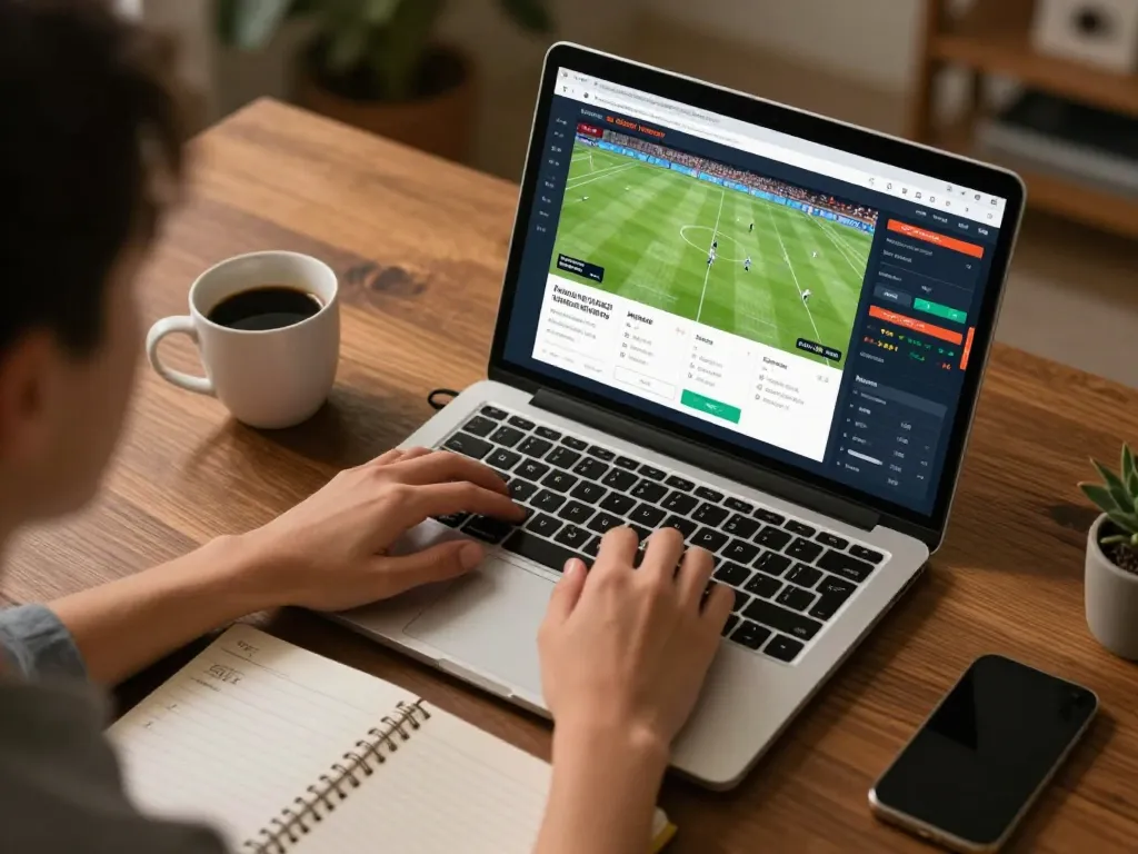 Person engaged in online betting using laptop while analyzing soi keo nha cai statistics at home.
