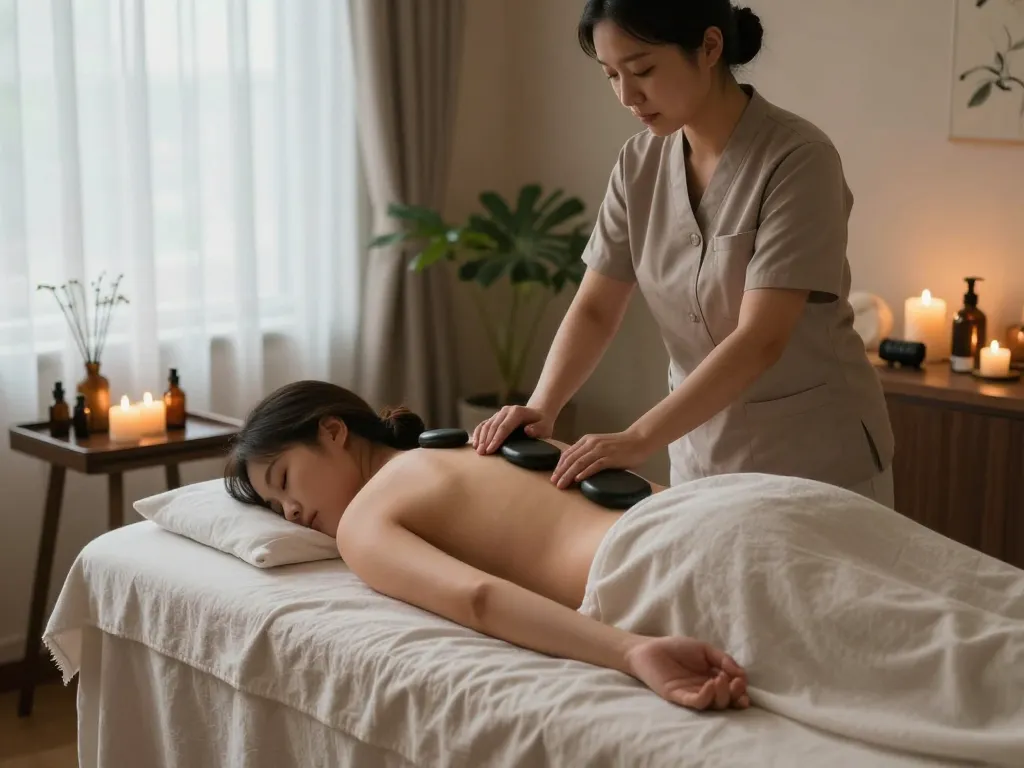 Relaxing 논현동마사지 experience in a tranquil spa with candles and soft light.