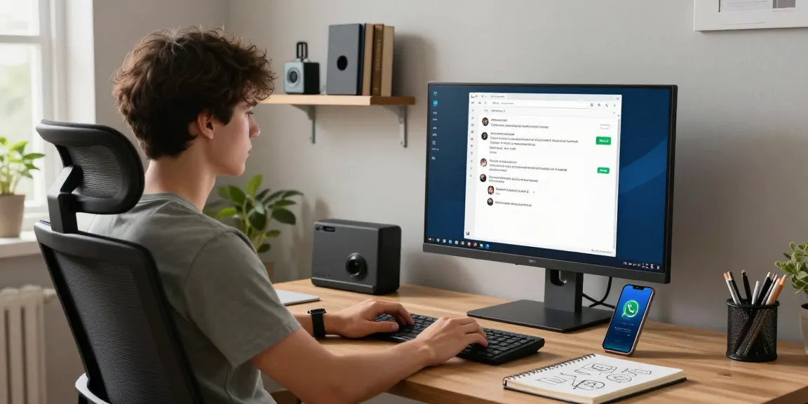 Young professional using WhatsApp電腦版 in a stylish home office setting with a modern workspace.
