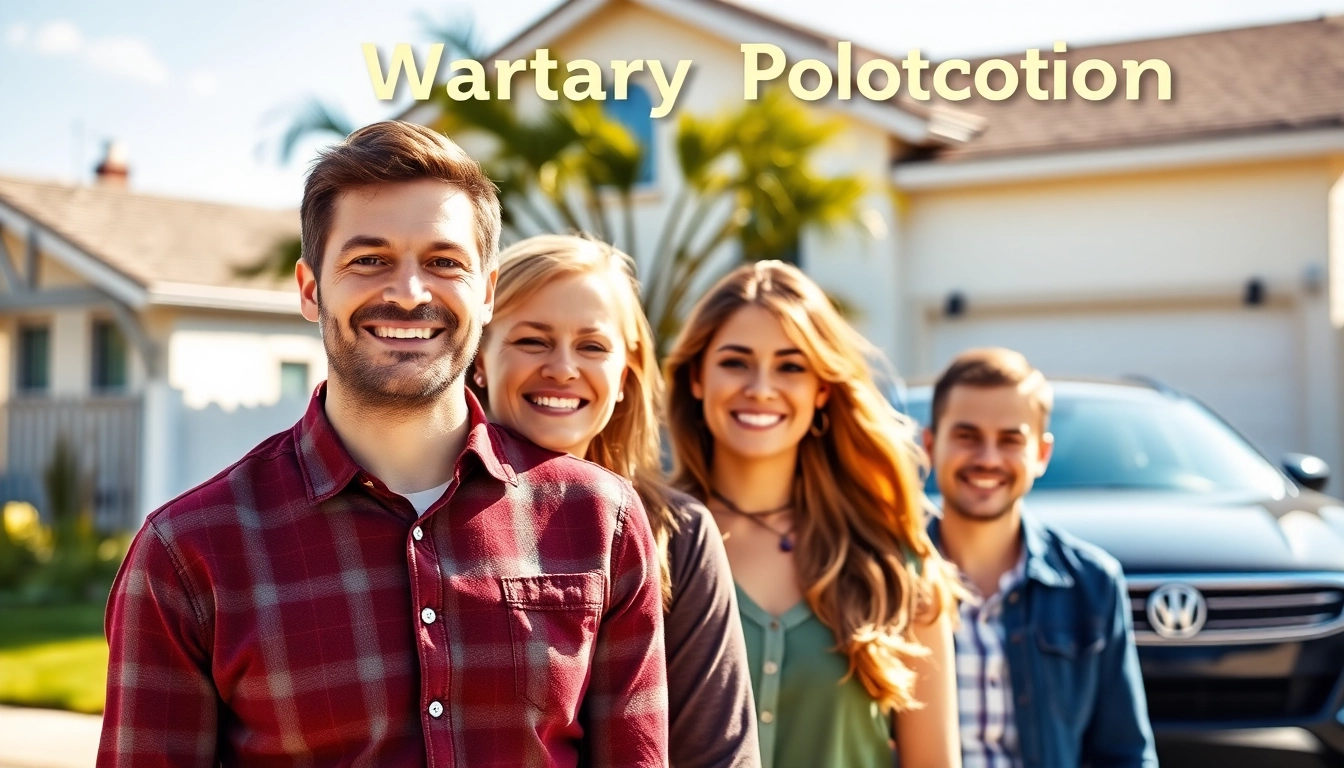 Showcasing warranty protection for cars and homes, a family stands happily in front of their home and car.