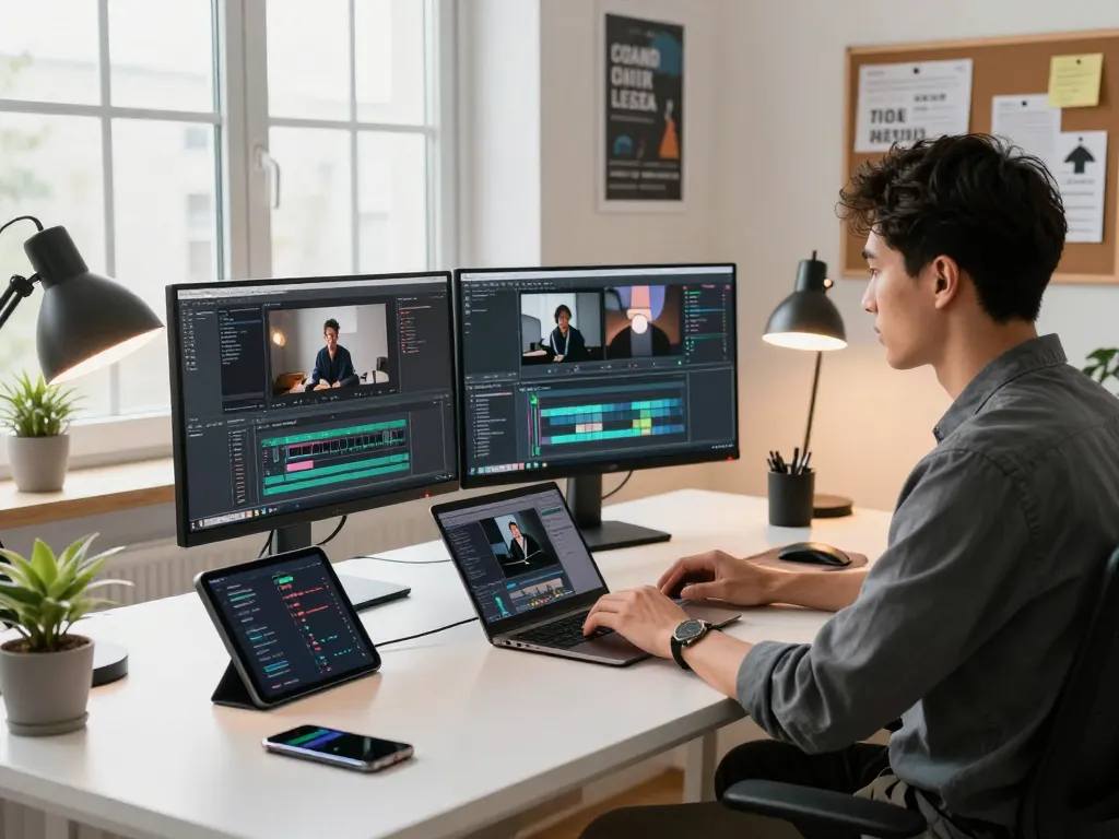 Dynamic workspace with a video to promptgenerator setup, featuring a developer analyzing video prompts on dual screens in modern office.