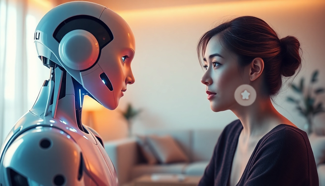 AI sex interaction scene showcasing a user and a friendly AI companion in a futuristic setting, evoking warmth and intimacy.
