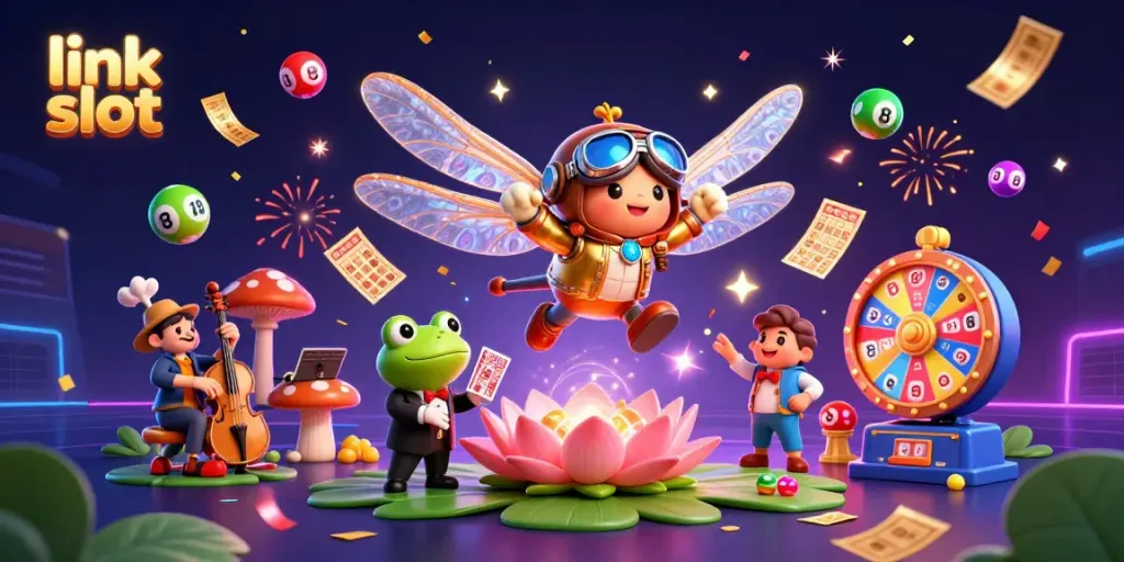 Pemain croupier katak dan pilot helikopter dengan tema kasino di atas pad kastanye, menampilkan elemen link slot yang dinamis.