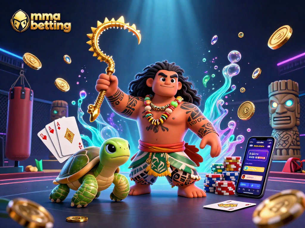 MMA betting scene featuring a demigod hawk and turtle, vibrant casino elements, and rich details
