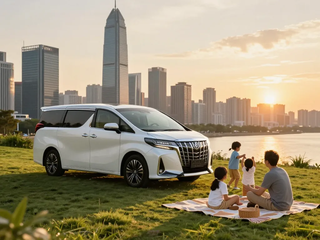 cho thuê xe Toyota Alphard đỗ vào lúc hoàng hôn, thể hiện du lịch gia đình sang trọng với những khoảnh khắc vui vẻ và đường chân trời thành phố