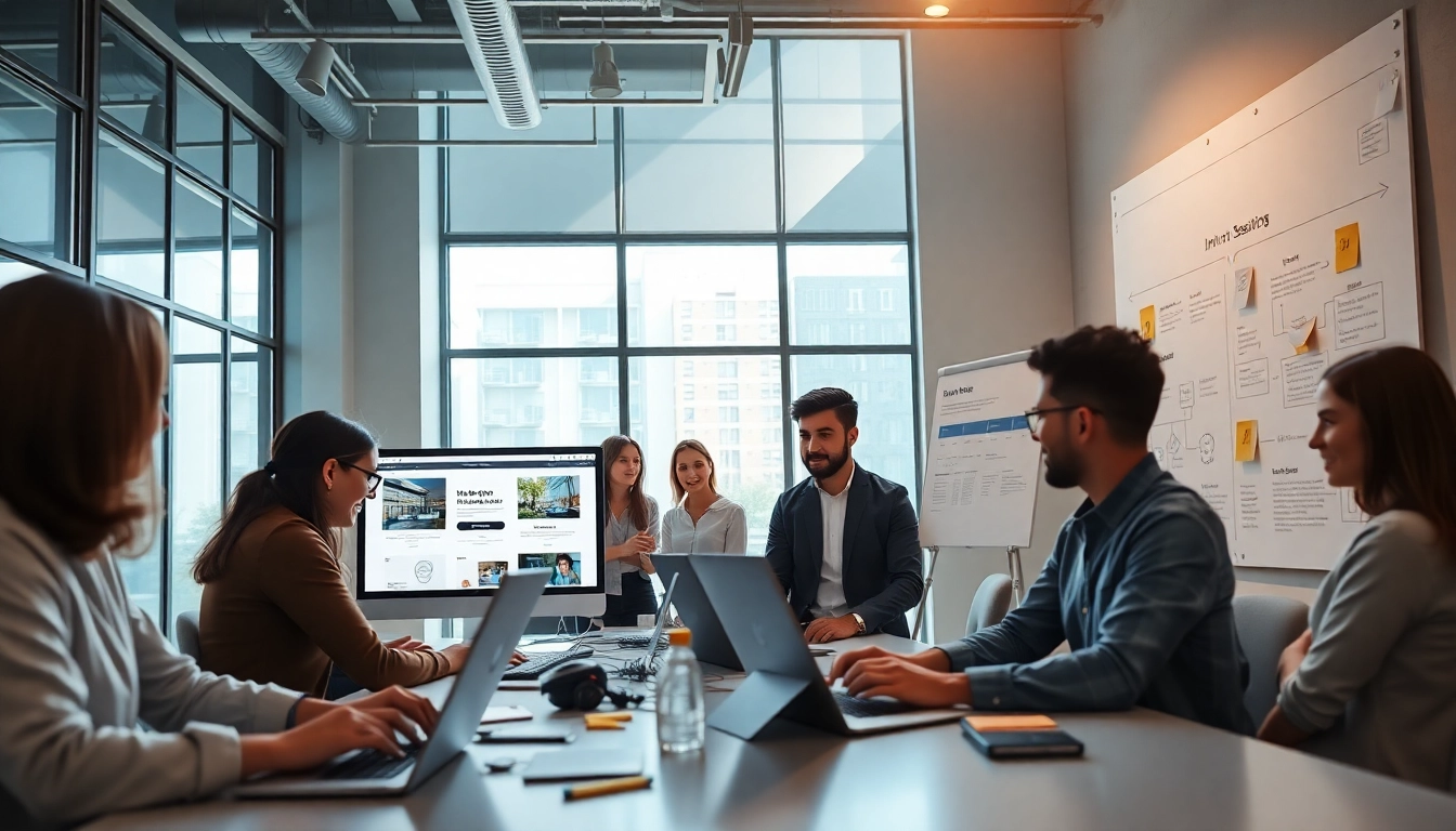 Professional team collaborating on dịch vụ thiết kế website in a modern office setting