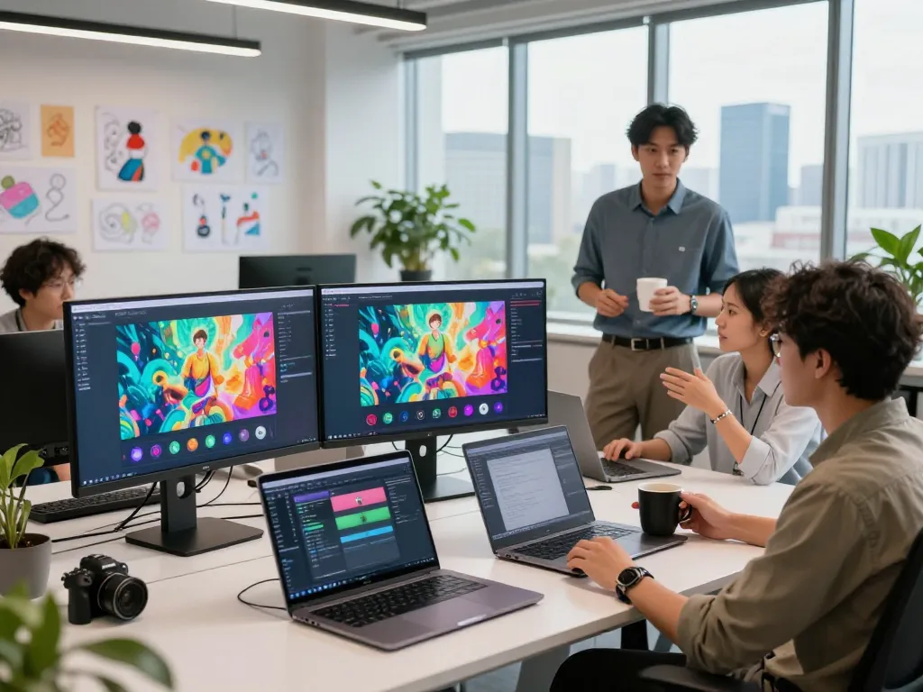 Creative team using ai seedance 2.0 in a modern workspace to generate dynamic AI videos.