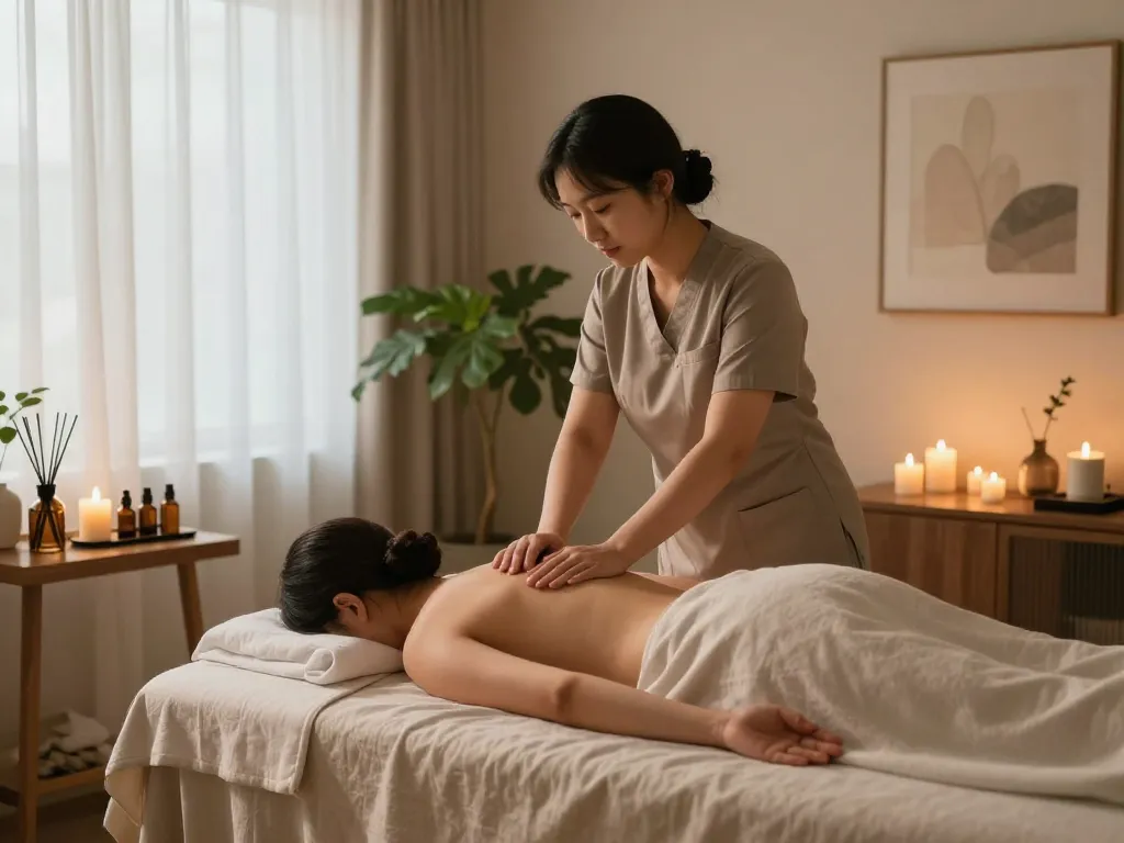 편안한 분위기와 전문 마사지사가 있는 조용한 스파 환경에서의 편안한 강남마사지 경험.