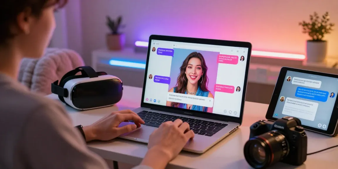 Interactive session with an nsfw chat bot in a modern home office setting, featuring vibrant chat screens.