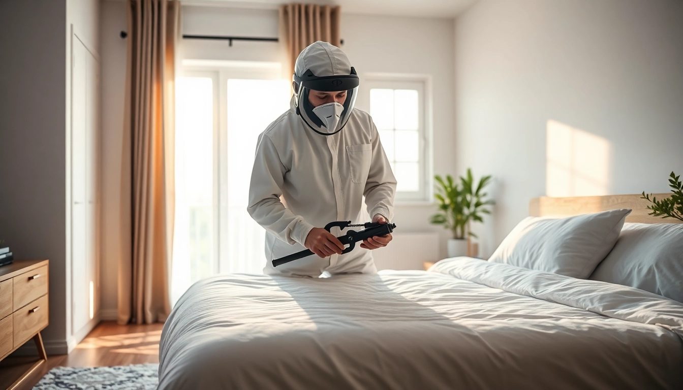Waukesha bed bug exterminators conducting thorough inspection in a bedroom setting.