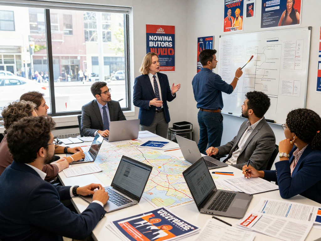 Team strategizing at a political direct mail company office, analyzing voter data and campaign materials.