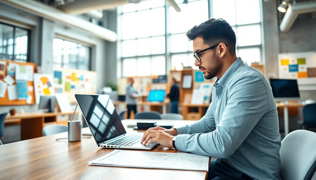 Webdesigner der Wordpress Agentur arbeitet an einem modernen Laptop in einem hellen Büro.